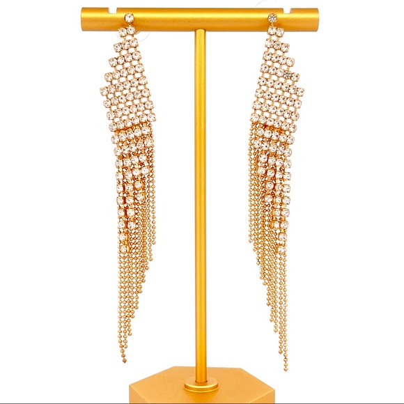 Christian Siriano Rhinestone and Chain Gold Tone Fancy Dangle Earrings - Picture 1 of 7